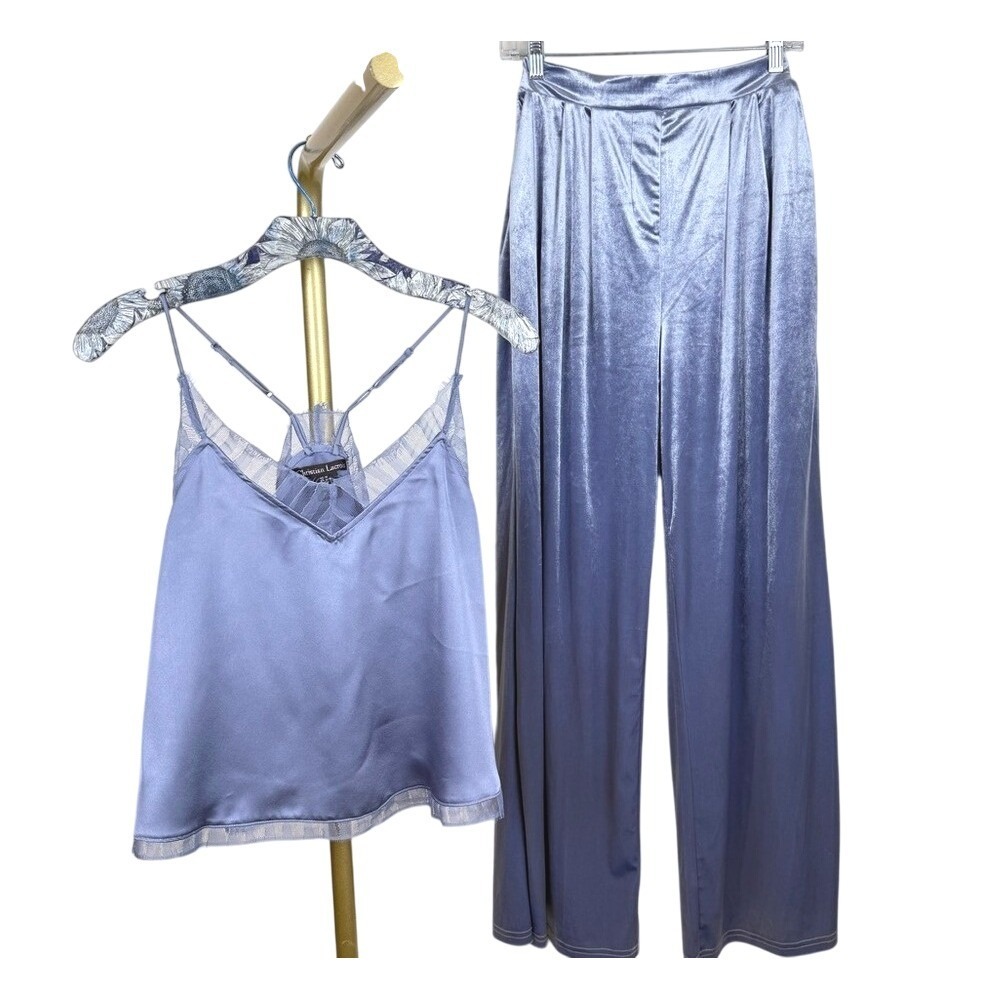Christian Lacroix Set Blue Satin Cami and Velour Wide-Leg Pants Sz:M Lounge Luxe